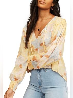 Billabong Late Night Yellow Light Cotton Floral Summer Cropped Smocked Blouse M